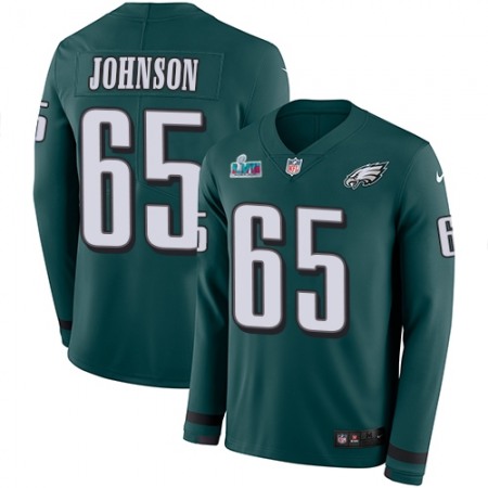 Nike Eagles #65 Lane Johnson Green Super Bowl LVII Patch Team Color Men's Stitched NFL Limited Therma Long Sleeve Jersey