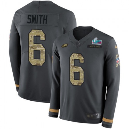 Nike Eagles #6 DeVonta Smith Anthracite Super Bowl LVII Patch Salute to Service Men's Stitched NFL Limited Therma Long Sleeve Jersey