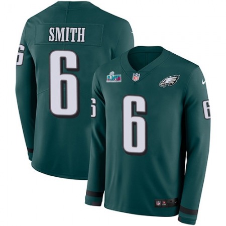 Nike Eagles #6 DeVonta Smith Green Super Bowl LVII Patch Team Color Men's Stitched NFL Limited Therma Long Sleeve Jersey