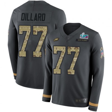 Nike Eagles #77 Andre Dillard Anthracite Super Bowl LVII Patch Salute to Service Men's Stitched NFL Limited Therma Long Sleeve Jersey