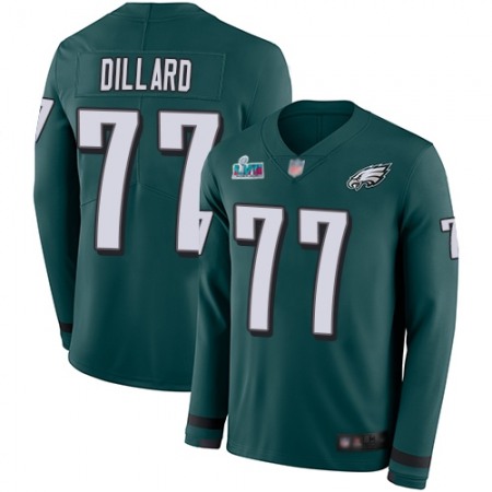 Nike Eagles #77 Andre Dillard Green Super Bowl LVII Patch Team Color Men's Stitched NFL Limited Therma Long Sleeve Jersey