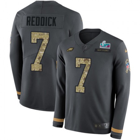 Nike Eagles #7 Haason Reddick Anthracite Salute to Service Super Bowl LVII Patch Men's Stitched NFL Limited Therma Long Sleeve Jersey