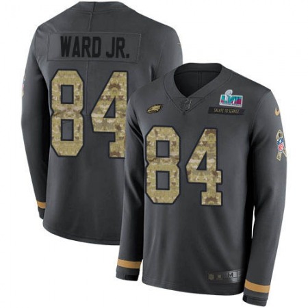 Nike Eagles #84 Greg Ward Jr. Anthracite Super Bowl LVII Patch Salute to Service Men's Stitched NFL Limited Therma Long Sleeve Jersey