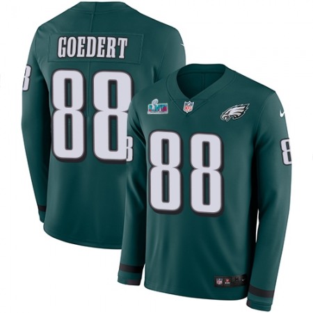 Nike Eagles #88 Dallas Goedert Green Super Bowl LVII Patch Team Color Men's Stitched NFL Limited Therma Long Sleeve Jersey
