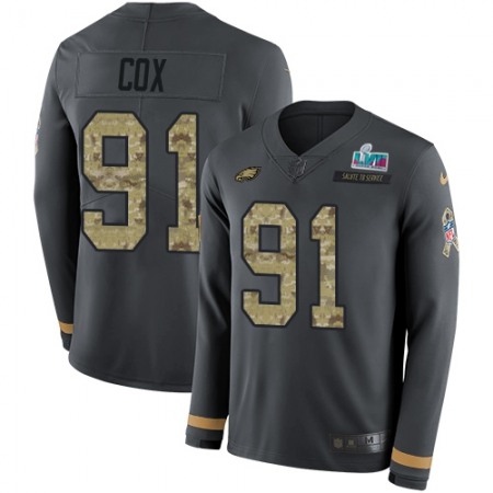 Nike Eagles #91 Fletcher Cox Anthracite Super Bowl LVII Patch Salute to Service Men's Stitched NFL Limited Therma Long Sleeve Jersey