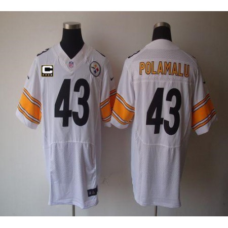 Nike Steelers #43 Troy Polamalu White With C Patch Men's Stitched NFL Elite Jersey