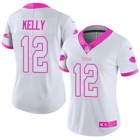 Nike Bills #12 Jim Kelly White/Pink Women's Stitched NFL Limited Rush Fashion Jersey