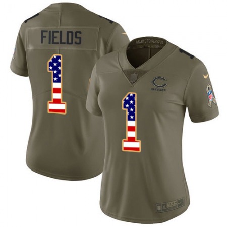 Nike Bears #1 Justin Fields Olive/USA Flag Women's Stitched NFL Limited 2017 Salute To Service Jersey