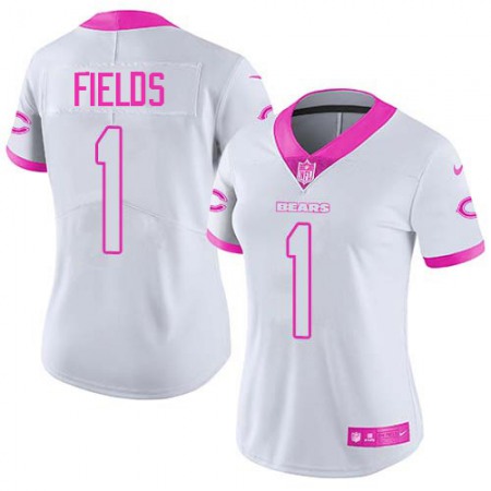 Nike Bears #1 Justin Fields White/Pink Women's Stitched NFL Limited Rush Fashion Jersey