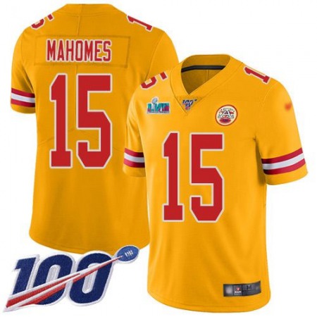 Nike Chiefs #15 Patrick Mahomes Gold Super Bowl LVII Patch Youth Stitched NFL Limited Inverted Legend 100th Season Jersey