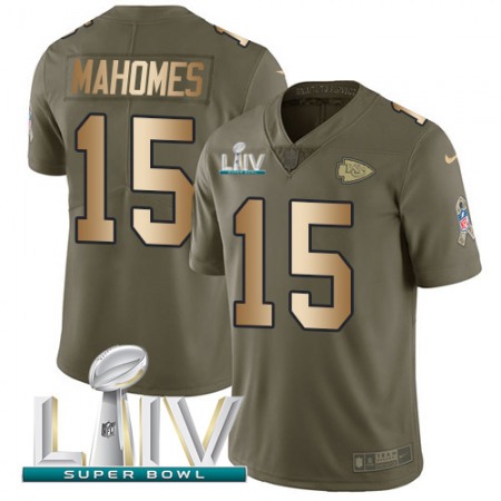 Nike Chiefs #15 Patrick Mahomes Olive/Gold Super Bowl LIV 2020 Youth Stitched NFL Limited 2017 Salute To Service Jersey