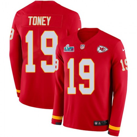 Nike Chiefs #19 Kadarius Toney Red Team Color Super Bowl LVII Patch Youth Stitched NFL Limited Therma Long Sleeve Jersey