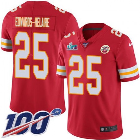 Nike Chiefs #25 Clyde Edwards-Helaire Red Team Color Super Bowl LVII Patch Youth Stitched NFL 100th Season Vapor Limited Jersey