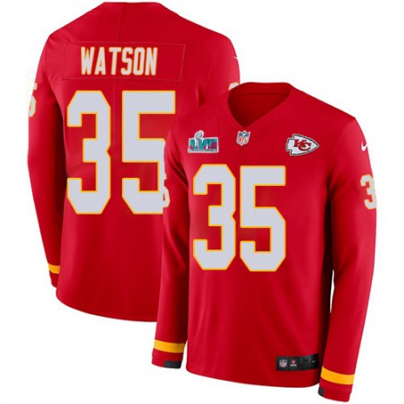 Nike Chiefs #35 Jaylen Watson Red Team Color Super Bowl LVII Patch Youth Stitched NFL Limited Therma Long Sleeve Jersey