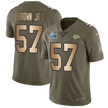 Nike Chiefs #57 Orlando Brown Jr. Olive/Gold Super Bowl LVII Patch Youth Stitched NFL Limited 2017 Salute To Service Jersey