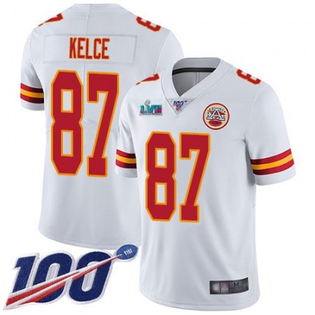 Nike Chiefs #87 Travis Kelce White Super Bowl LVII Patch Youth Stitched NFL 100th Season Vapor Limited Jersey