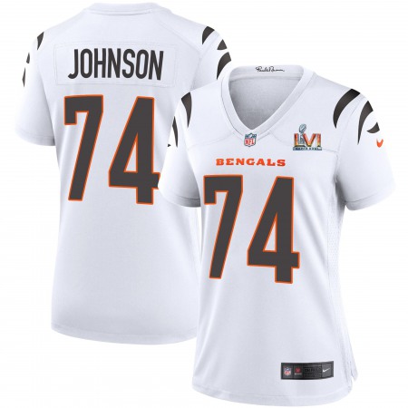 Cincinnati Bengals #74 Fred Johnson White Super Bowl LVI Patch Nike Women's Game Jersey