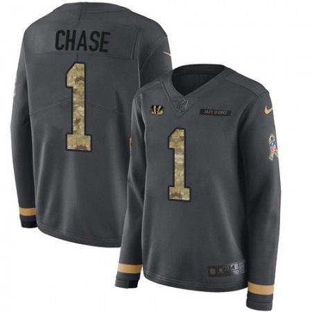 Nike Bengals #1 Ja'Marr Chase Anthracite Salute to Service Women's Stitched NFL Limited Therma Long Sleeve Jersey