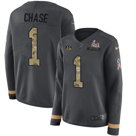 Nike Bengals #1 Ja'Marr Chase Anthracite Super Bowl LVI Patch Salute to Service Women's Stitched NFL Limited Therma Long Sleeve Jersey