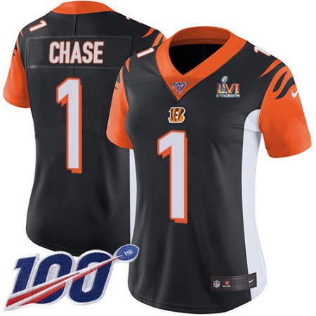 Nike Bengals #1 Ja'Marr Chase Black Team Color Super Bowl LVI Patch Women's Stitched NFL 100th Season Vapor Untouchable Limited Jersey