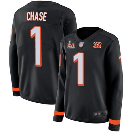 Nike Bengals #1 Ja'Marr Chase Black Team Color Super Bowl LVI Patch Women's Stitched NFL Limited Therma Long Sleeve Jersey