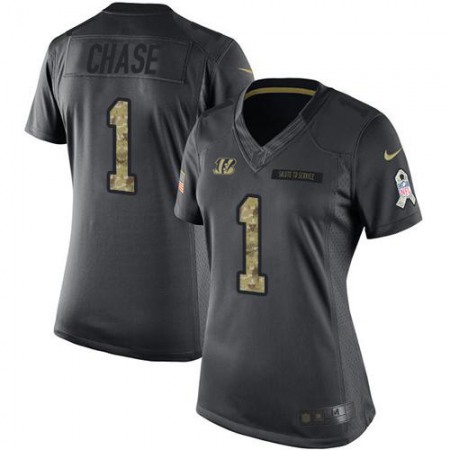 Nike Bengals #1 Ja'Marr Chase Black Women's Stitched NFL Limited 2016 Salute to Service Jersey