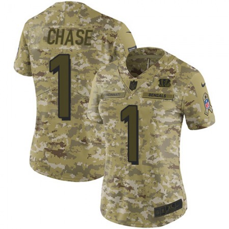 Nike Bengals #1 Ja'Marr Chase Camo Women's Stitched NFL Limited 2018 Salute To Service Jersey