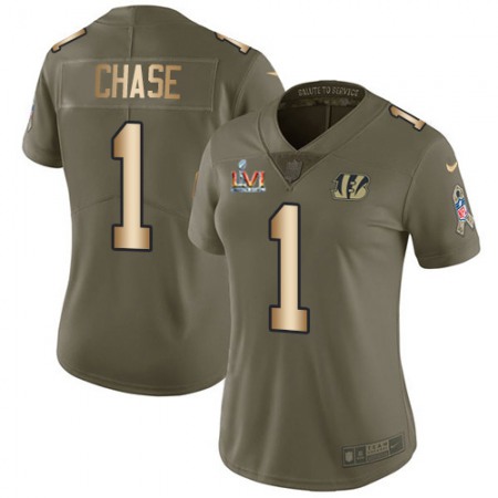 Nike Bengals #1 Ja'Marr Chase Olive/Gold Super Bowl LVI Patch Women's Stitched NFL Limited 2017 Salute To Service Jersey