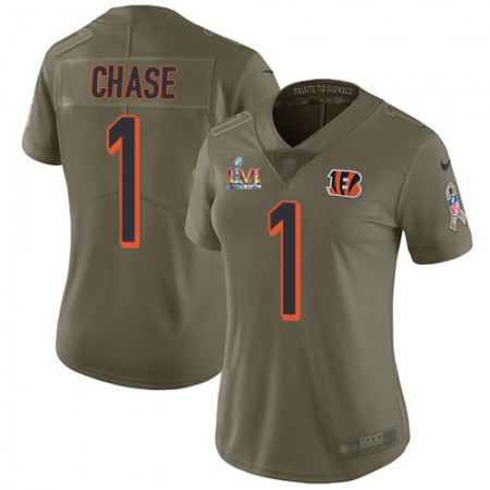 Nike Bengals #1 Ja'Marr Chase Olive Super Bowl LVI Patch Women's Stitched NFL Limited 2017 Salute to Service Jersey