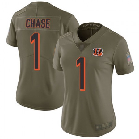 Nike Bengals #1 Ja'Marr Chase Olive Women's Stitched NFL Limited 2017 Salute To Service Jersey