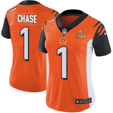 Nike Bengals #1 Ja'Marr Chase Orange Alternate Super Bowl LVI Patch Women's Stitched NFL Vapor Untouchable Limited Jersey