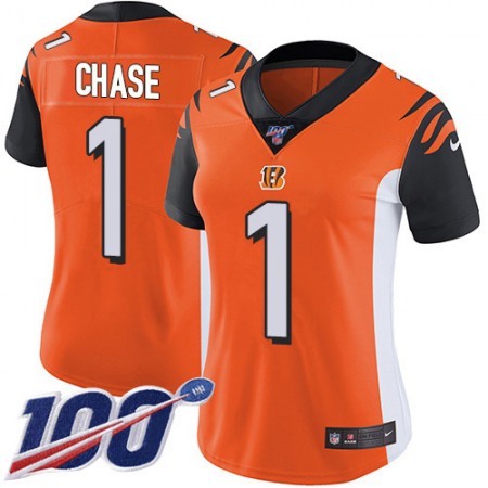 Nike Bengals #1 Ja'Marr Chase Orange Alternate Women's Stitched NFL 100th Season Vapor Untouchable Limited Jersey