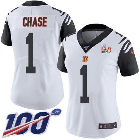 Nike Bengals #1 Ja'Marr Chase White Super Bowl LVI Patch Women's Stitched NFL Limited Rush 100th Season Jersey