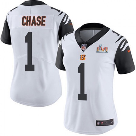 Nike Bengals #1 Ja'Marr Chase White Super Bowl LVI Patch Women's Stitched NFL Limited Rush Jersey