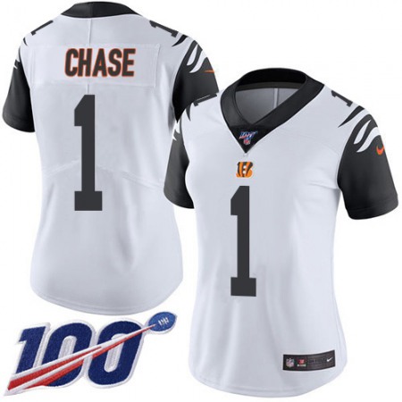 Nike Bengals #1 Ja'Marr Chase White Women's Stitched NFL Limited Rush 100th Season Jersey