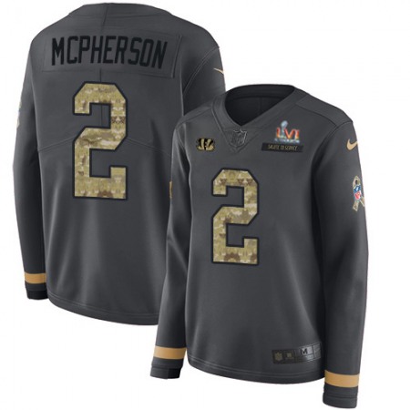 Nike Bengals #2 Evan McPherson Anthracite Super Bowl LVI Patch Salute to Service Women's Stitched NFL Limited Therma Long Sleeve Jersey