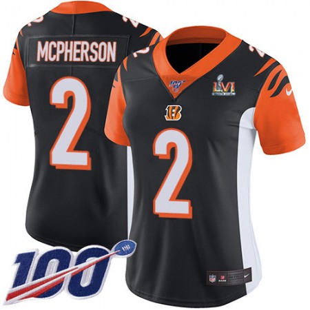 Nike Bengals #2 Evan McPherson Black Team Color Super Bowl LVI Patch Women's Stitched NFL 100th Season Vapor Untouchable Limited Jersey