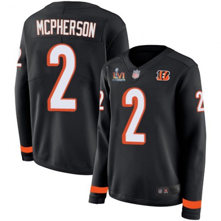 Nike Bengals #2 Evan McPherson Black Team Color Super Bowl LVI Patch Women's Stitched NFL Limited Therma Long Sleeve Jersey