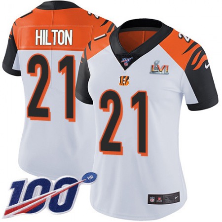 Nike Bengals #21 Mike Hilton White Super Bowl LVI Patch Women's Stitched NFL 100th Season Vapor Untouchable Limited Jersey