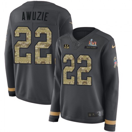 Nike Bengals #22 Chidobe Awuzie Anthracite Super Bowl LVI Patch Salute to Service Women's Stitched NFL Limited Therma Long Sleeve Jersey