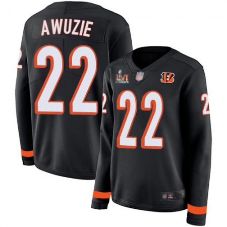 Nike Bengals #22 Chidobe Awuzie Black Team Color Super Bowl LVI Patch Women's Stitched NFL Limited Therma Long Sleeve Jersey