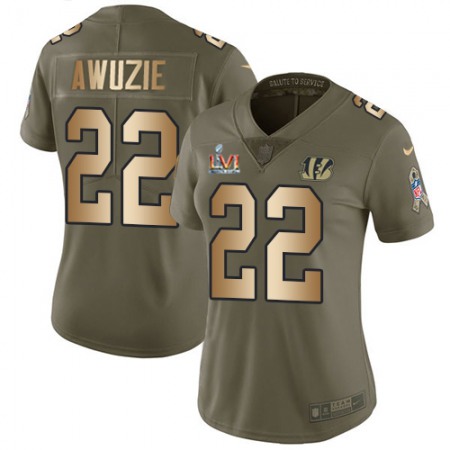 Nike Bengals #22 Chidobe Awuzie Olive/Gold Super Bowl LVI Patch Women's Stitched NFL Limited 2017 Salute To Service Jersey