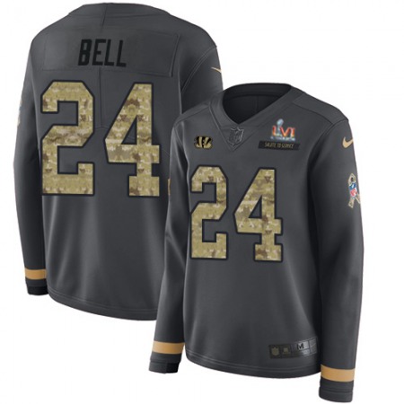 Nike Bengals #24 Vonn Bell Anthracite Super Bowl LVI Patch Salute to Service Women's Stitched NFL Limited Therma Long Sleeve Jersey