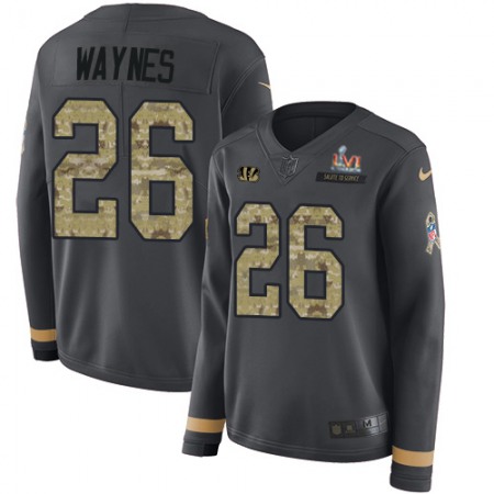 Nike Bengals #26 Trae Waynes Anthracite Super Bowl LVI Patch Salute to Service Women's Stitched NFL Limited Therma Long Sleeve Jersey