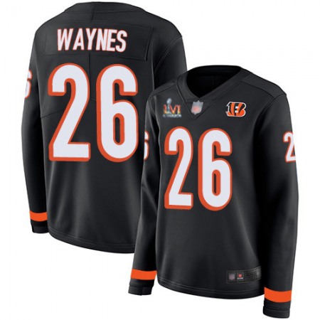 Nike Bengals #26 Trae Waynes Black Team Color Super Bowl LVI Patch Women's Stitched NFL Limited Therma Long Sleeve Jersey