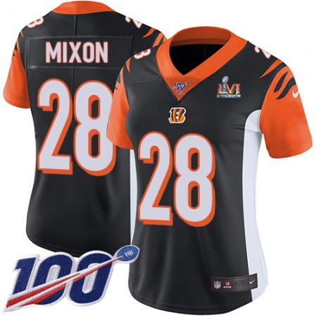 Nike Bengals #28 Joe Mixon Black Team Color Super Bowl LVI Patch Women's Stitched NFL 100th Season Vapor Untouchable Limited Jersey