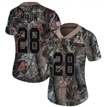 Nike Bengals #28 Joe Mixon Camo Super Bowl LVI Patch Women's Stitched NFL Limited Rush Realtree Jersey