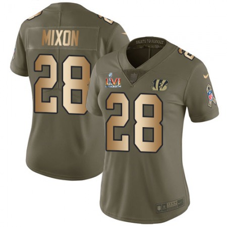 Nike Bengals #28 Joe Mixon Olive/Gold Super Bowl LVI Patch Women's Stitched NFL Limited 2017 Salute To Service Jersey
