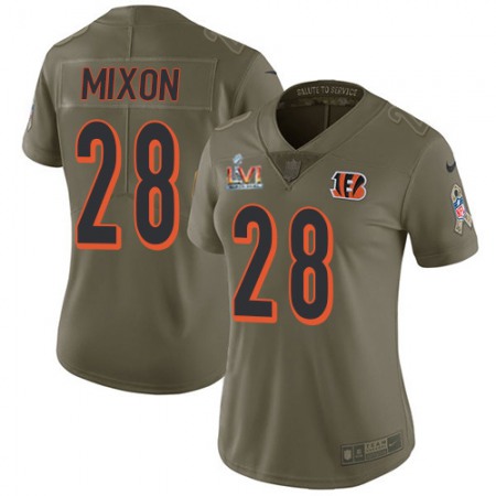 Nike Bengals #28 Joe Mixon Olive Super Bowl LVI Patch Women's Stitched NFL Limited 2017 Salute To Service Jersey