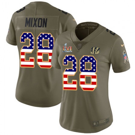 Nike Bengals #28 Joe Mixon Olive/USA Super Bowl LVI Patch Flag Women's Stitched NFL Limited 2017 Salute To Service Jersey